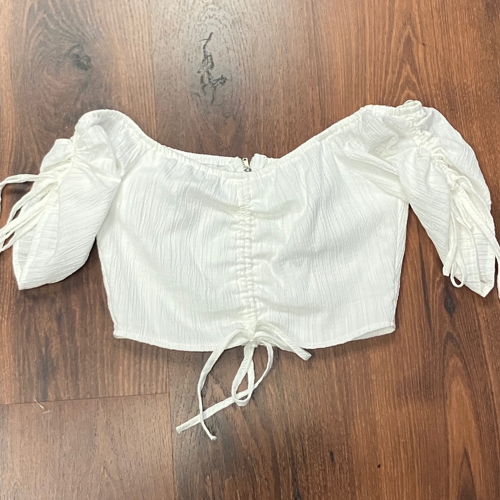 HYFVE White Crop Top Tie Sleeve and Front Blouse as S